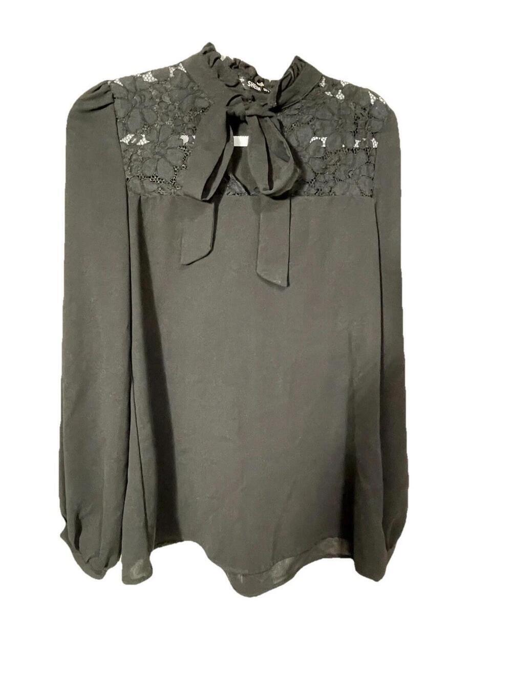 Shein Black Lace Long Sleeve V Neck Blouse Sz S Dark Academia Goth Whimsical
